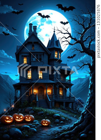 Mysterious Halloween night with haunted house glowing pumpkins and full moon Mysterious Halloween night with haunted house glowing pumpkins and full moon 131025876