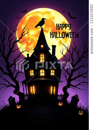 Spooky Halloween haunted house with crow full moon bats and pumpkins 131025892