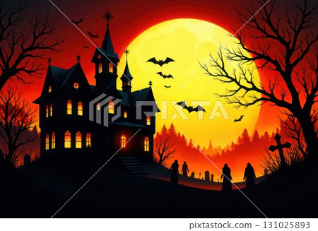 Spooky Halloween Haunted House with Full Moon and Bats Silhouettes 131025893