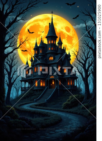 Spooky Halloween mansion under a full moon in a dark landscape 131025900