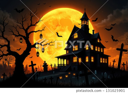 Spooky Halloween Mansion with Full Moon and Cemetery Scene Spooky Halloween Mansion with Full Moon and Cemetery Scene 131025901
