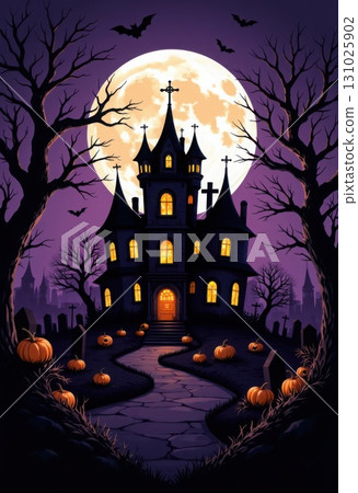Spooky Halloween mansion with pumpkins and bats under a full moon Spooky Halloween mansion with pumpkins and bats under a full moon 131025902