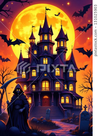 Spooky Halloween Night Castle with Grim Reaper and Full Moon 131025903