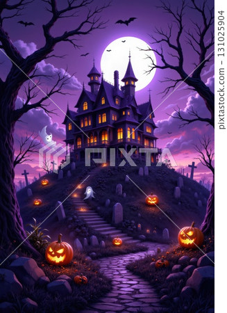 Spooky Halloween Night Castle with Pumpkins and Ghosts Art Illustration 131025904