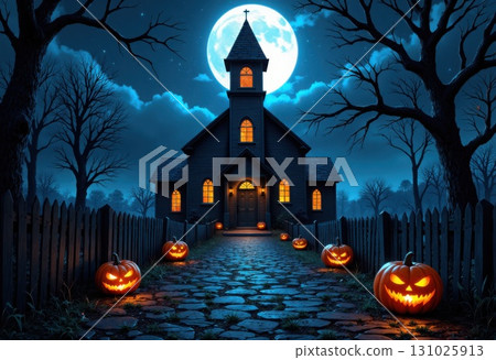 Spooky Halloween Night Scene with Church and Jack O Lanterns Spooky Halloween Night Scene with Church and Jack O Lanterns 131025913