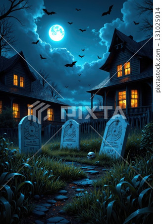 Spooky Halloween Night Scene with Gravestones Haunted Houses and Bats Spooky Halloween Night Scene with Gravestones Haunted Houses and Bats 131025914