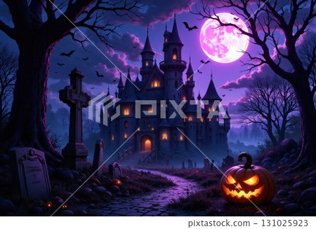 Spooky halloween night with castle graveyard and glowing pumpkins background Spooky halloween night with castle graveyard and glowing pumpkins background 131025923
