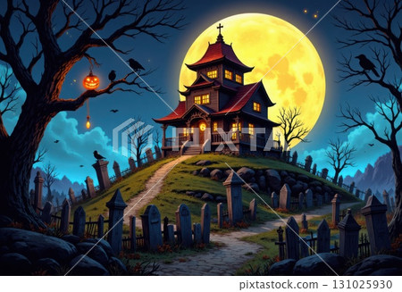 Spooky Halloween night with haunted house graveyard and full moon Spooky Halloween night with haunted house graveyard and full moon 131025930