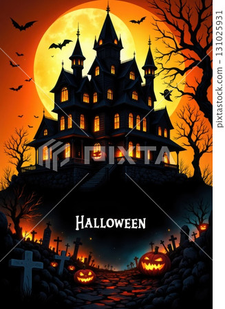 Spooky Halloween Night with Haunted House Graveyard Pumpkins and Bats 131025931