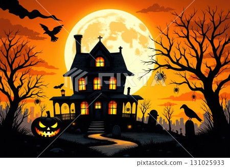 Spooky Halloween Night with Haunted House Moon and Flying Creatures 131025933