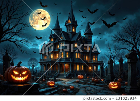 Spooky Halloween Night with Haunted House Pumpkins and Bats in Moonlight 131025934