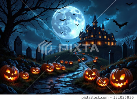 Spooky Halloween night with haunted house pumpkins and bats under moon 131025936