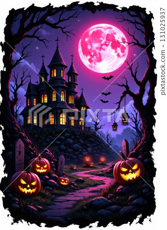 Spooky Halloween Night with Haunted House Pumpkins and Full Moon 131025937