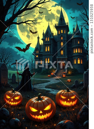 Spooky Halloween Night with Haunted House Pumpkins and Full Moon Spooky Halloween Night with Haunted House Pumpkins and Full Moon 131025938