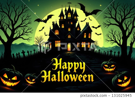 Spooky Halloween Scene with Haunted House Pumpkins and Bats in the Night Spooky Halloween Scene with Haunted House Pumpkins and Bats in the Night 131025945
