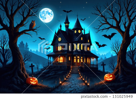 Spooky haunted house beneath a full moon for Halloween night Spooky haunted house beneath a full moon for Halloween night 131025949