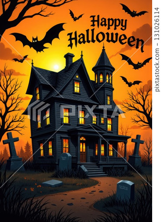 Spooky Haunted House on Halloween Night with Flying Bats Silhouettes 131026114
