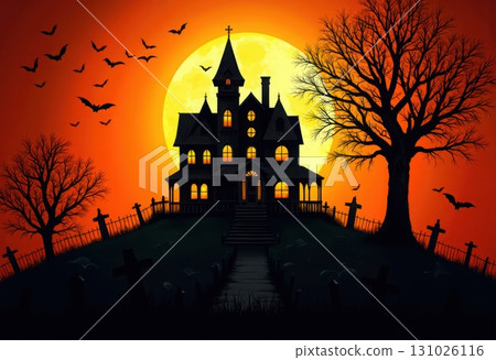 Spooky haunted house silhouette against the backdrop of a full moon 131026116