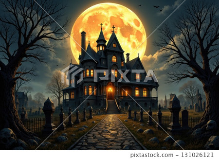 Spooky Haunted House under a Full Moon with Graveyard and Trees Spooky Haunted House under a Full Moon with Graveyard and Trees 131026121