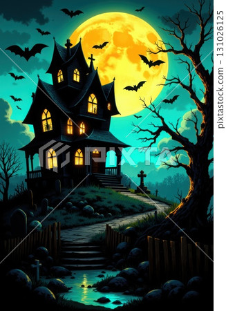 Spooky haunted house with full moon and bats at night Halloween 131026125