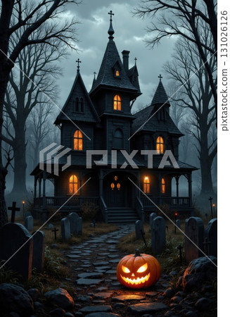 Spooky haunted house with glowing pumpkin and graveyard Halloween scene Spooky haunted house with glowing pumpkin and graveyard Halloween scene 131026126