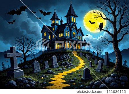Spooky haunted mansion scene with graveyard and full moon night Spooky haunted mansion scene with graveyard and full moon night 131026133