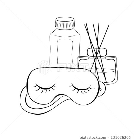 A set of relaxation items - aroma diffuser, essential oil, cream, a sleep mask. Me time, self care, slow life concept. Vector hand-drawn illustration in doodle style. A set of relaxation items - aroma diffuser, essential oil, cream, a sleep mask. Me time, self care, slow life concept. Vector hand-drawn illustration in doodle style. 131026205