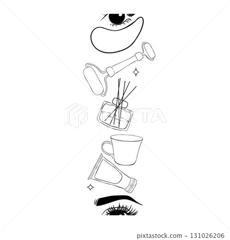 Seamless pattern border of hand-drawn doodle spa, cosmetics, beauty, self-care elements. Illustration for beauty salon, cosmetic store, makeup design. Vector image. Seamless pattern border of hand-drawn doodle spa, cosmetics, beauty, self-care elements. Illustration for beauty salon, cosmetic store, makeup design. Vector image. 131026206