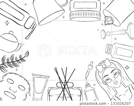 Vector frame with skin care products. Hand drawn line illustration. Vintage style 131026207
