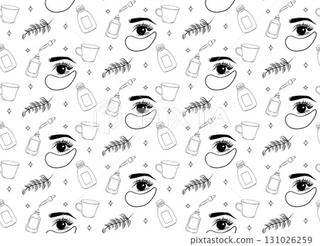 Seamless vector pattern cosmetics for skin care and make-up in engraving style. Cream, patches, serum, shadows, mascara, lipstick, blush, brushes 131026259