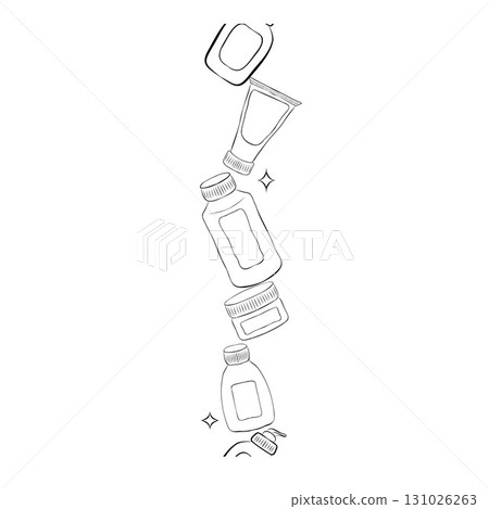 Hand drawn doodle salon icons set. Vector illustration. Cartoon various sketch beauty tools elements: polish, bottle, lotion, cream 131026263