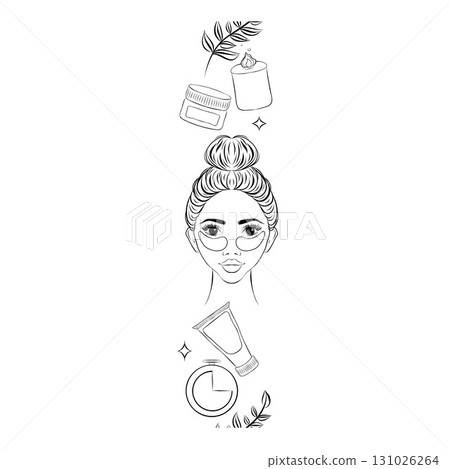 Spa day care line border background. Vector seamless pattern with outline festive items. home spa decoration, cream, timer, candle, girl portrait, patches, flower Spa day care line border background. Vector seamless pattern with outline festive items. home spa decoration, cream, timer, candle, girl portrait, patches, flower 131026264