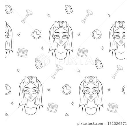 Beauty, Cosmetic, cream massage line icons. Vector seamless pattern background for fashion blogs, beauty salons, spas, hairdressers, or wellness centers. Beauty, Cosmetic, cream massage line icons. Vector seamless pattern background for fashion blogs, beauty salons, spas, hairdressers, or wellness centers. 131026271