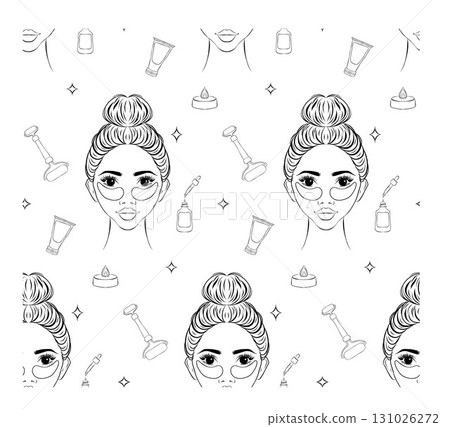 Skin care seamless vector pattern. Beauty products single line vector illustration 131026272