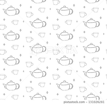 Cute line cups doodle seamless pattern and clip art. Hand-drawn texture with coffee and tea mug. Modern print design for tea lovers. Cute line cups doodle seamless pattern and clip art. Hand-drawn texture with coffee and tea mug. Modern print design for tea lovers. 131026281
