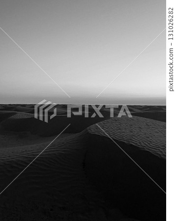 Vast golden dunes of Douz in the Tunisian desert under a clear blue sky Vast golden dunes of Douz in the Tunisian desert under a clear blue sky 131026282