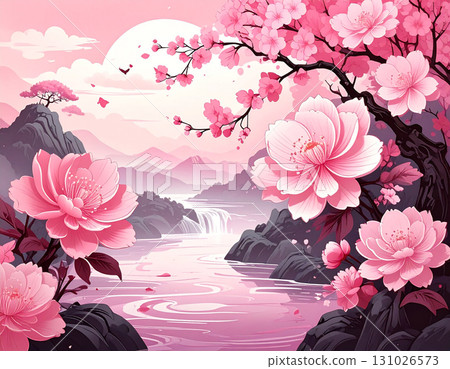 Pink petals fluttering along the waterside and a fantastical paradise landscape Pink petals fluttering along the waterside and a fantastical paradise landscape 131026573