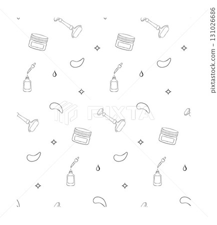 Line Art seamless pattern Products on White Background for Skin Care. Beauty Products for beauty salon, health industry, makeup artist. Line Art seamless pattern Products on White Background for Skin Care. Beauty Products for beauty salon, health industry, makeup artist. 131026686