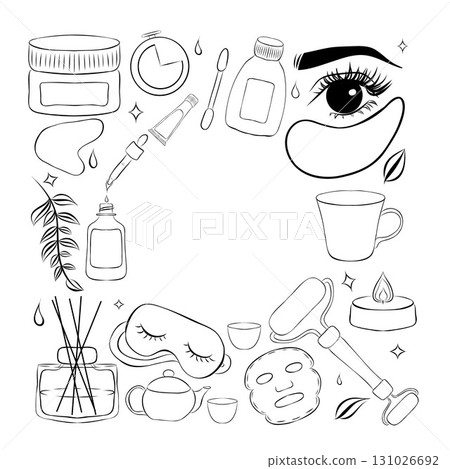 skincare routine tools frame. Vector line frame with hand drawn illustrations of aroma diffuser, serum, sleeping mask, candle, eye patch, mug, cream and other cosmetics. 131026692