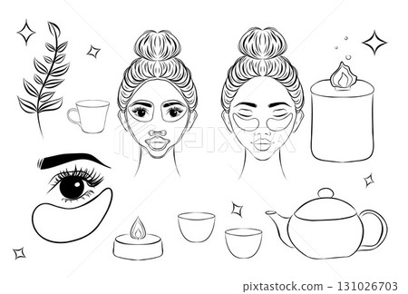 Beauty salon services, icon set. Skincare treatments. Makeup, mask, manicure, lips, peeling, laser, eyelash, eyebrow, skin tightening, massage, pedicure, RF lifting, hair cutting. Editable stroke 131026703