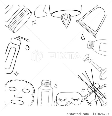 Asian skin care products such as - Facial Oil, Cleansing Foam, Sheet Mask, Serum, Moisturizer, Eye Cream, Night Cream,candle, diffuser, roller. Frame vector line 131026704