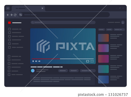 dark themed vector illustration of a video playback screen on a web browser video player representing online streaming digital media and content platforms 131026737