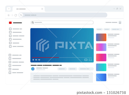Clean light themed video playback screen on a web browser video player search bar and list of recommended videos online streaming digital media content platform 131026738