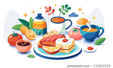 This high resolution image captures the appetizing details of a breakfast spread, its freshness and vibrant colors beautifully contrasted against a minimalist white background, producing a sophistica This high resolution image captures the appetizing details of a breakfast spread, its freshness and vibrant colors beautifully contrasted against a minimalist white background, producing a sophistica 131027219