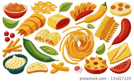 This high resolution image captures the diverse shapes, textures, and colors of an assortment of pasta varieties, beautifully contrasted against a clean white background, producing a sophisticated an This high resolution image captures the diverse shapes, textures, and colors of an assortment of pasta varieties, beautifully contrasted against a clean white background, producing a sophisticated an 131027220