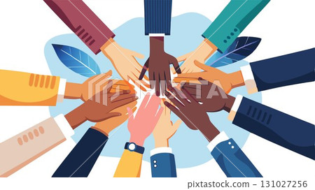 A close up shot captures the hands of a diverse group of happy adult business people clasped together, symbolizing teamwork, unity, and collaboration in a modern office setting. 131027256