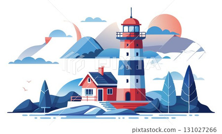 This high resolution image captures the timeless beauty and imposing presence of a lighthouse, its structure and surroundings bathed in a soft white light, producing a sophisticated and versatile aes 131027266