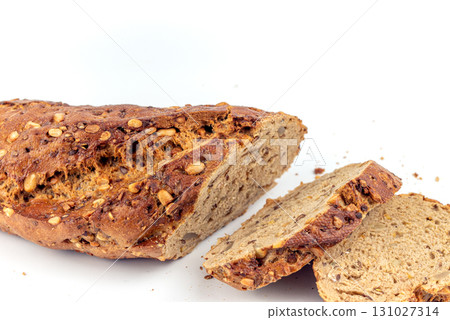 Flax Seed Bread on White Background 131027314