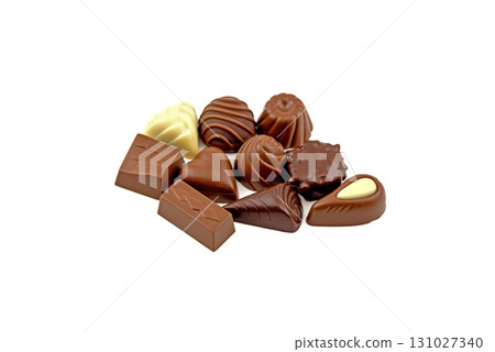 A pile of assorted chocolates with a white background A pile of assorted chocolates with a white background 131027340