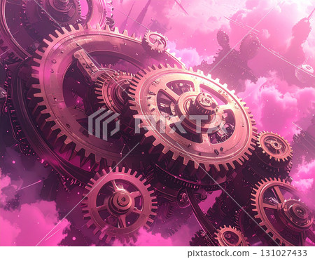 一個巨大的相互交織的復古齒輪的世界漂浮在夢幻般的紫色天空中 一個巨大的相互交織的復古齒輪的世界漂浮在夢幻般的紫色天空中 131027433